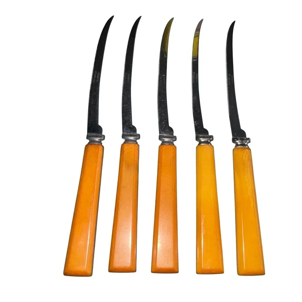 Vintage Henry's Stainless Steel Steak Knives Set Amber Bakelite Handles Set of 5